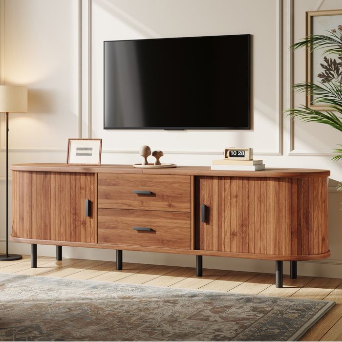 ROVRYN Meuble TV bas 150 cm noyer 2 portes coulissantes et 2 tiroirs pieds métalliques noirs