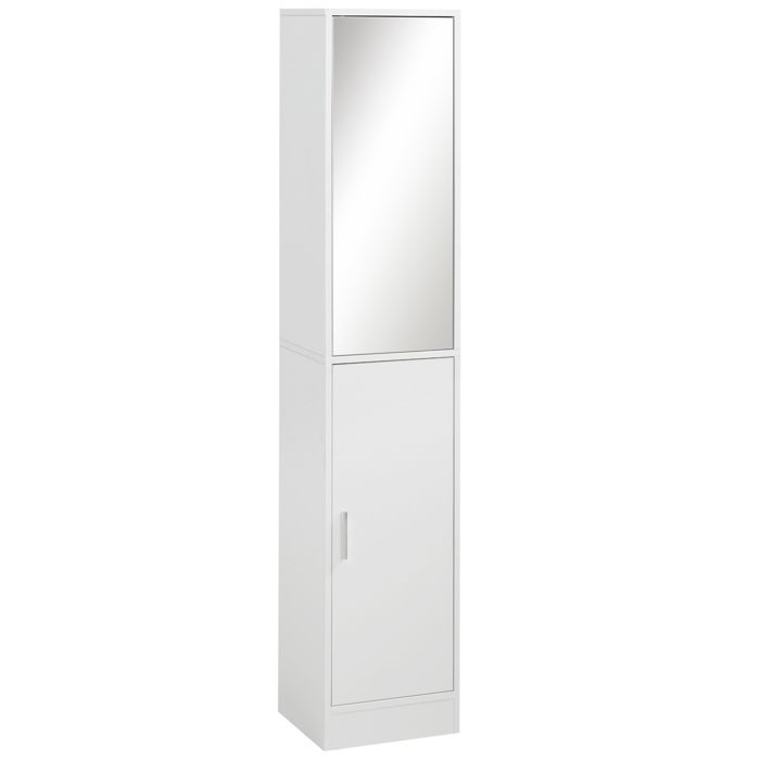 Meuble colonne salle de bain avec miroir 6 niveaux 2 portes étagères réglables 32x28x162 cm blanc