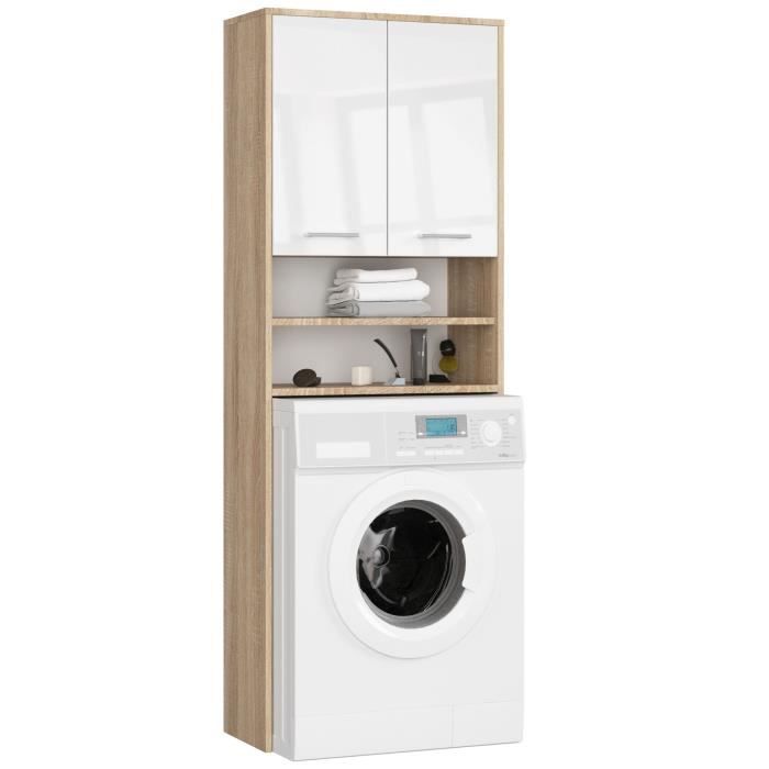 mueble pour machine à laver chêne sonoma 64 cm 2 portes façade blanche brillante 4 étagères 64x30x180 cm