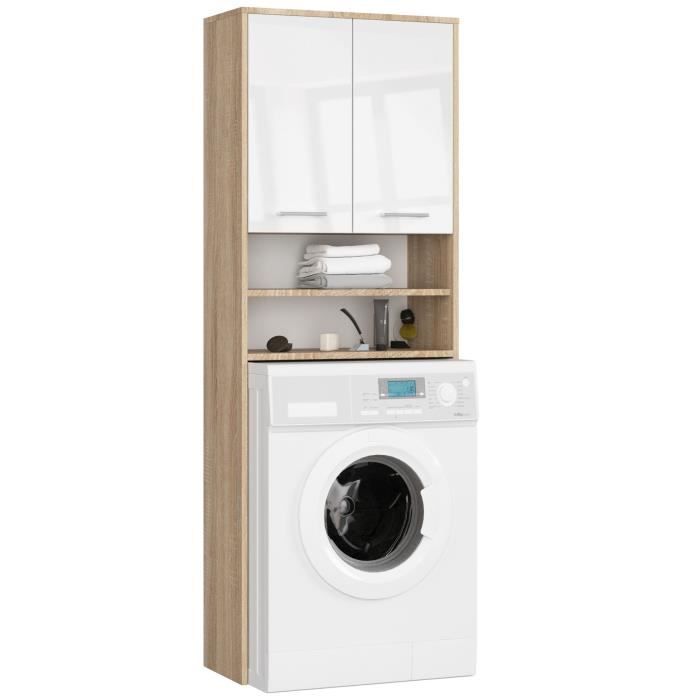 Mueble pour machine à laver Chêne Sonoma 64 cm 2 portes façade Blanche Brillante 4 étagères 64x30x180 cm