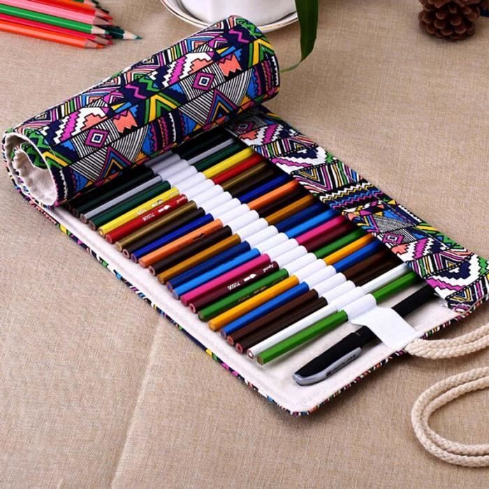Trousse à Crayons En Toile Oxford Roulante 48 Emplacements - Sac Rangement Outils Poterie Et Peinture