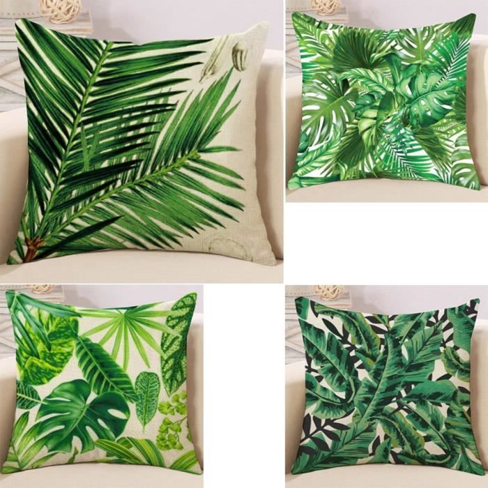 Housse de coussin Plantes Tropicales Motif Lin - 4 PCS - Vert - Rectangulaire - Classique - Intemporel