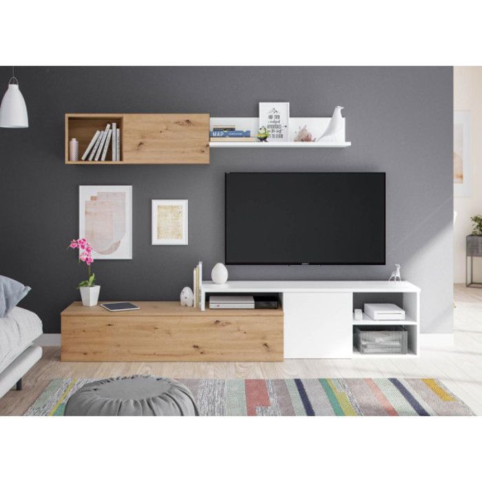 meuble tv et étagère blanc/chêne - toza - bois - bois - banc tv : l 221 x l 40 x h 44 cm - etagère blanche : l 90 x l 21 x h 22 - e