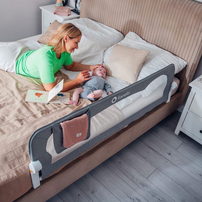 Barrière de lit bébé LIONELO Eva - Protection anti-chute 150cm - Filet aéré pliable - Gris