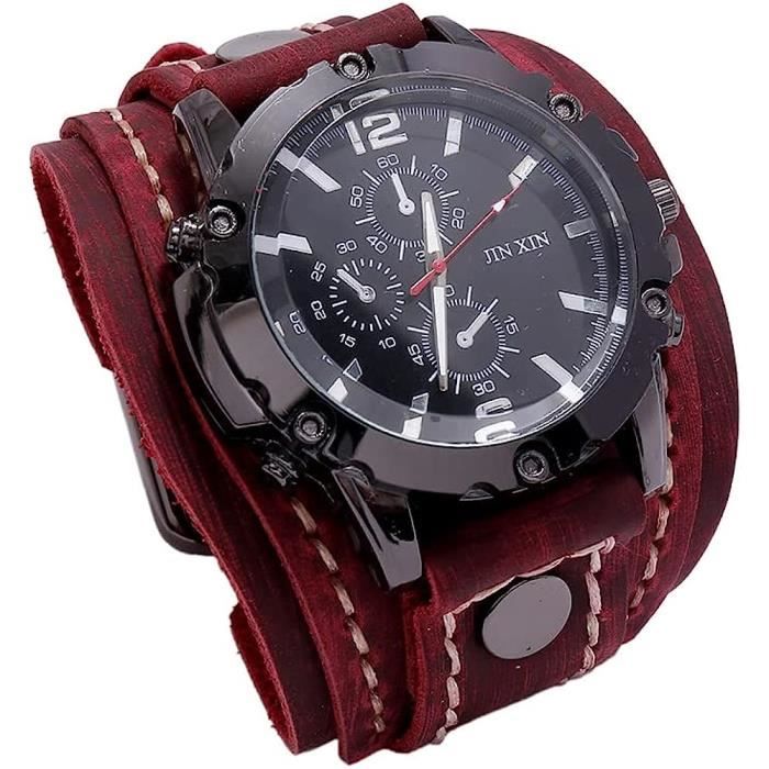 homme rétro punk bracelet en cuir, quartz de montre avec large bracelet en cuir, chronographe à quartz homme,rouge