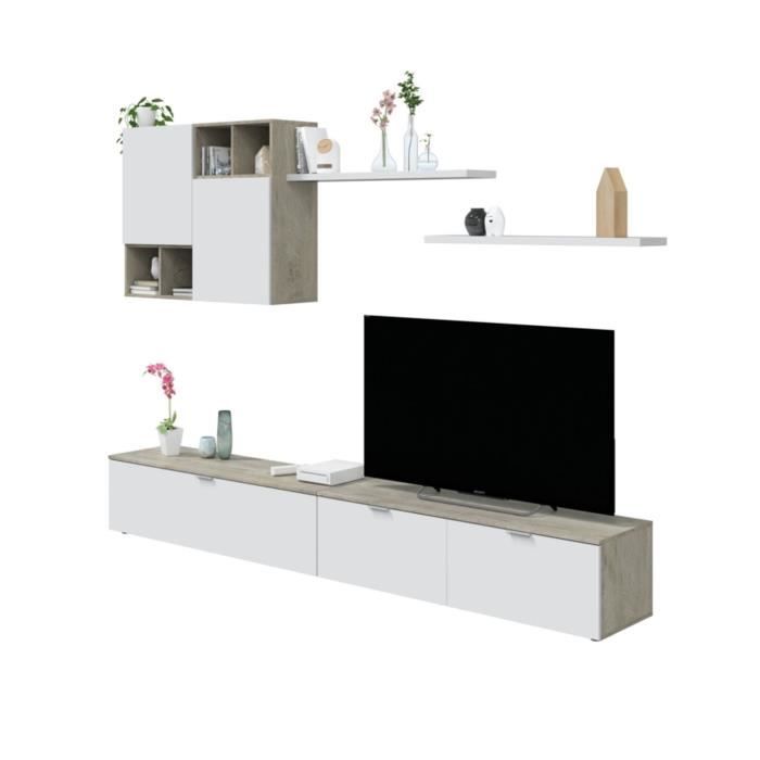 ensemble tv mural 2 meubles bas, 2 étagères et un meuble haut - calicosy - blanc - 260 cm x 40 cm x 37 cm