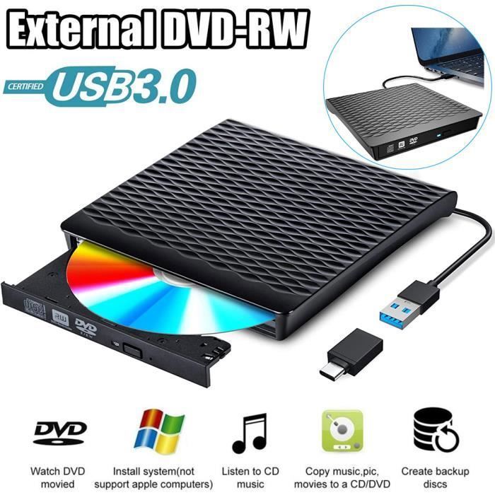 Lecteur de CD externe, USB 3.0 Portable CD/DVD +/-RW graveur de DVD/CD ROM  graveur compatible avec ordinateur portable PC de bureau Windows Linux OS  Apple Mac (noir) 