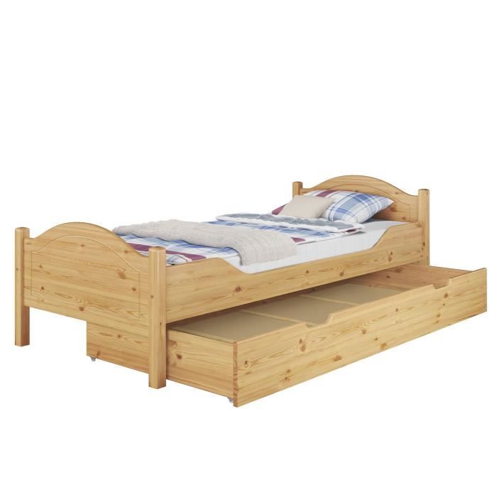 Lit simple pin naturel 90x200 sommier à lattes en bois matelas tiroir de rangement 60.30-09MS4 Lit simple pin naturel 90x200 sommier à lattes en bois matelas tiroir de rangement 60.30-09MS4