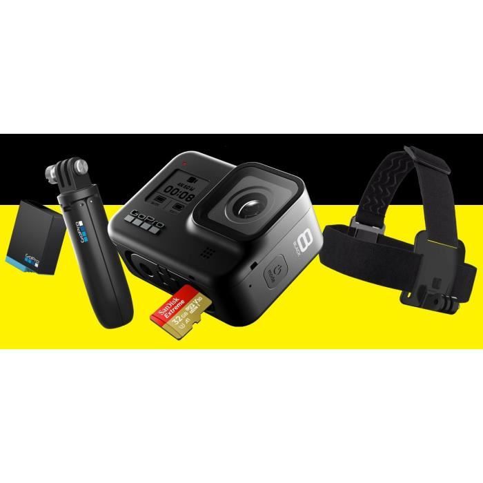 Pack GoPro HERO8 Black + une poignée Shorty + Bandeau de fixation frontale + carte SD 32Go + Batterie de rechange