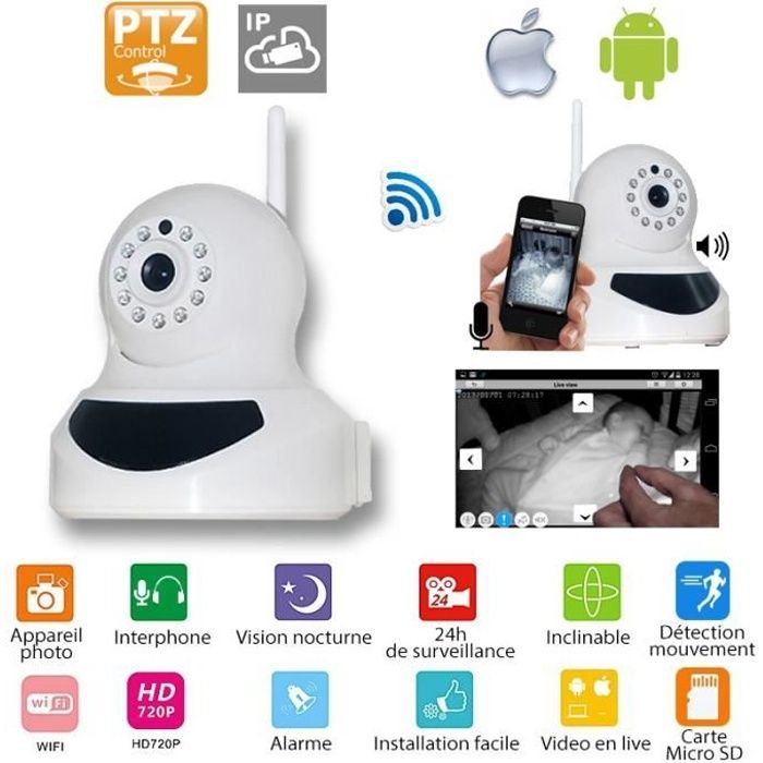 Camera de surveillance pour bébé PTZ13 720P WIFI - Rotation 90° - 355°