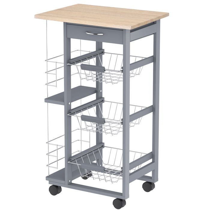 HOMCOM Chariot de service desserte de cuisine à roulettes multi-rangements 3 paniers métal tiroir + 2 range-bouteilles bois pin gris