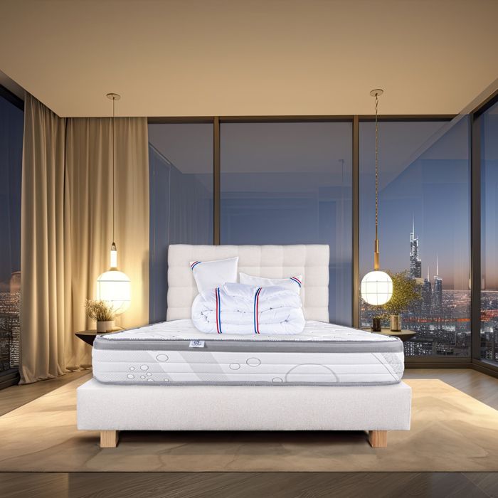 Ensemble matelas Relaxation 26 cm ressorts ensachés ferme réversible+sommier beige ep20cm + 2 oreillers+couette+TDL Ensemble matelas Relaxation 26 cm ressorts ensachés ferme réversible+sommier beige ep20cm + 2 oreillers+couette+TDL