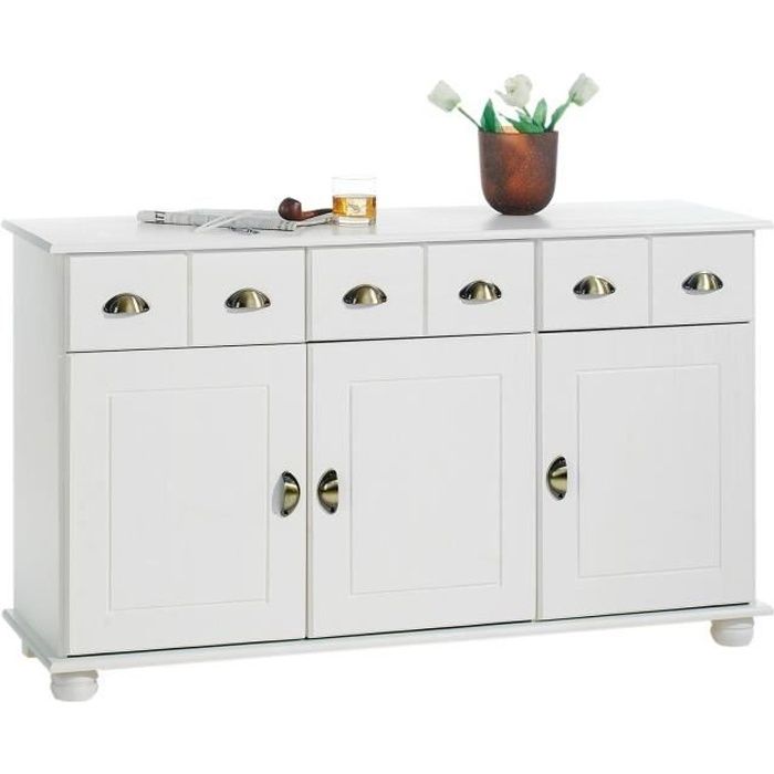 Buffet COLMAR commode bahut vaisselier meuble bas rangement avec 3 tiroirs et 3 portes en pin massif lasuré blanc Buffet COLMAR commode bahut vaisselier meuble bas rangement avec 3 tiroirs et 3 portes en pin massif lasuré blanc