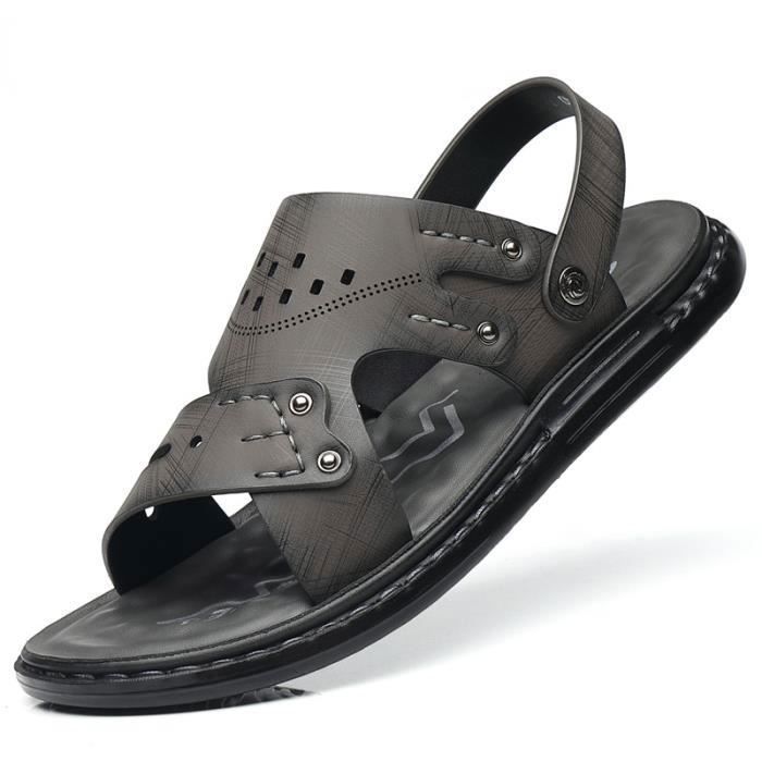 Sandales Homme Cuir Tongs Été - Claquettes Confortables Plage Piscine Randonnée - Antidérapantes