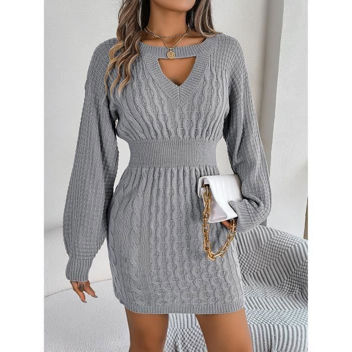 Robe Pull Femme Tricotée - Manches Longues, Col Rond, Couleur Unie - Tissu Doux Chaud Pour Automne/hiver - Coupe Droite Genou - 9