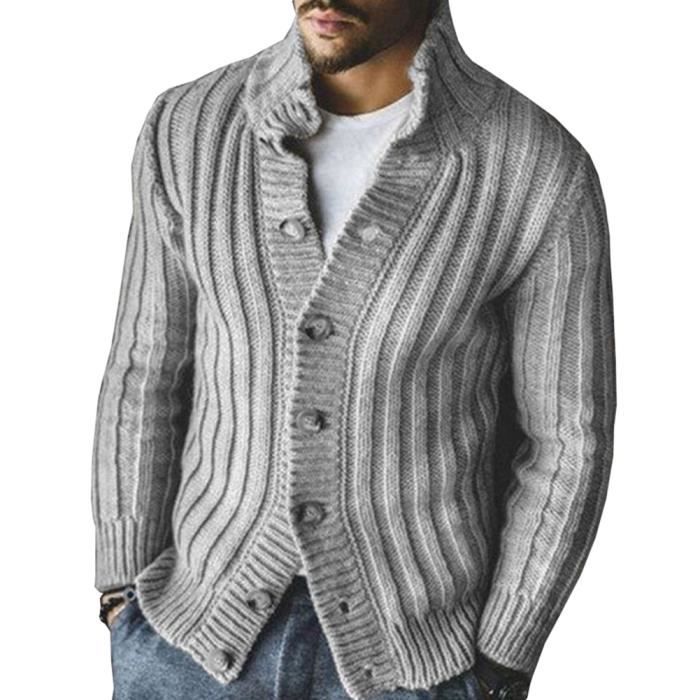 Cardigans Homme Automne Hiver Manches Longues Cardigans col Montant Et Boutonnière Chaud Cardigan d'hiver Rembourré Tricot,Gris