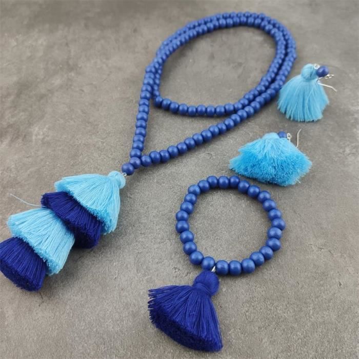 Sautoir Femme Perles Bois Et Tissu Satin – Collier Long Bleu Turquoise Avec Nœuds – Bijou Fantaisie