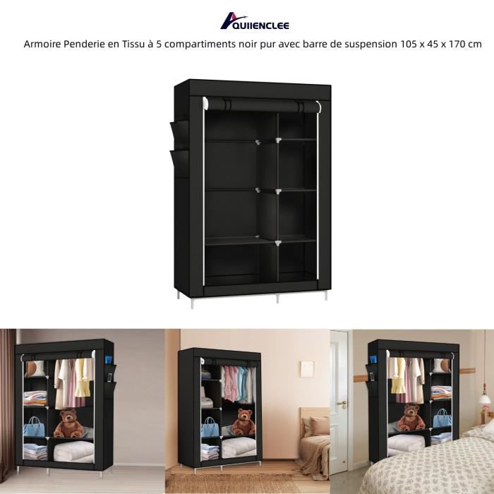 Armoire Penderie en Tissu QUIIENCLEE à 5 compartiments noir pur avec barre de suspension 105 x 45 x 170 cm