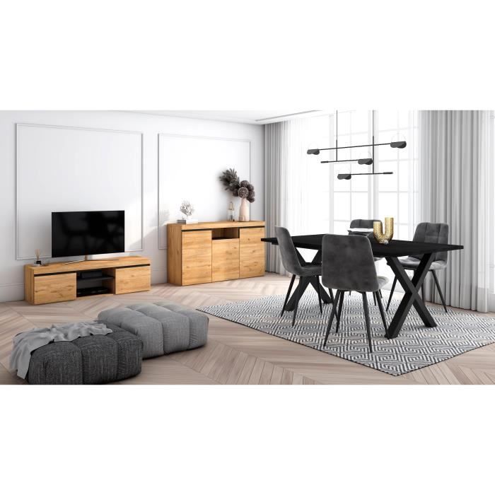 Ensemble de meubles de salon, Table 170 Noire pieds X 8 convives, Meuble TV 140, Buffet 140, Chêne et Noir, RF1308