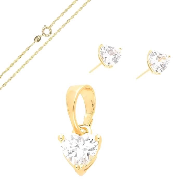 parure bijoux petit coeur cristal blanc plaqué or jaune 750/1000
