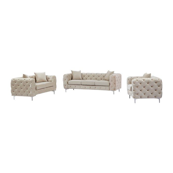 Canapé 3 places 2 places et fauteuil chesterfield en velours beige EDWINA