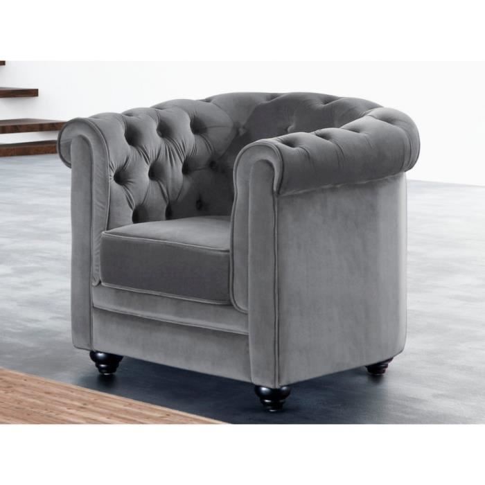 fauteuil chesterfield - vente-unique - velours gris clair - tissu - gris - classique - intemporel