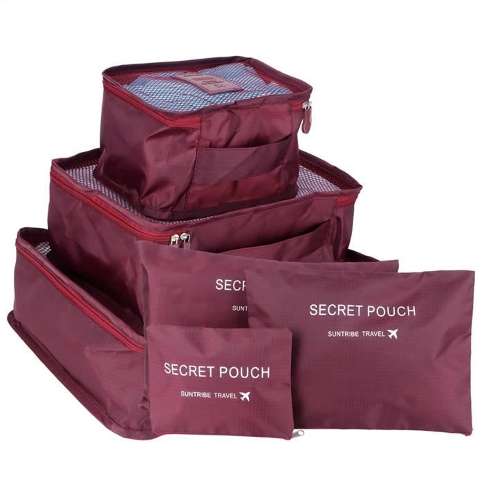 VGEBY Sac d'emballage 6pcs/set Sac de Rangement Sac de Tri de Vêtements  Organisateur de Valise à Bagages pour Voyage(Vin rouge )