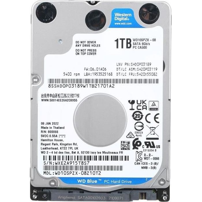 WD Blue WD10SPZX - Disque dur - 1 To - interne - 2.5 - SATA 6Gb/s