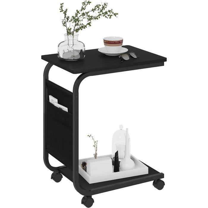 WOLTU Table Basse en Forme de C Table dappoint sur roulettes en Bois d’ingénierie et Métal 50x62x35cm Noir BTS04sz