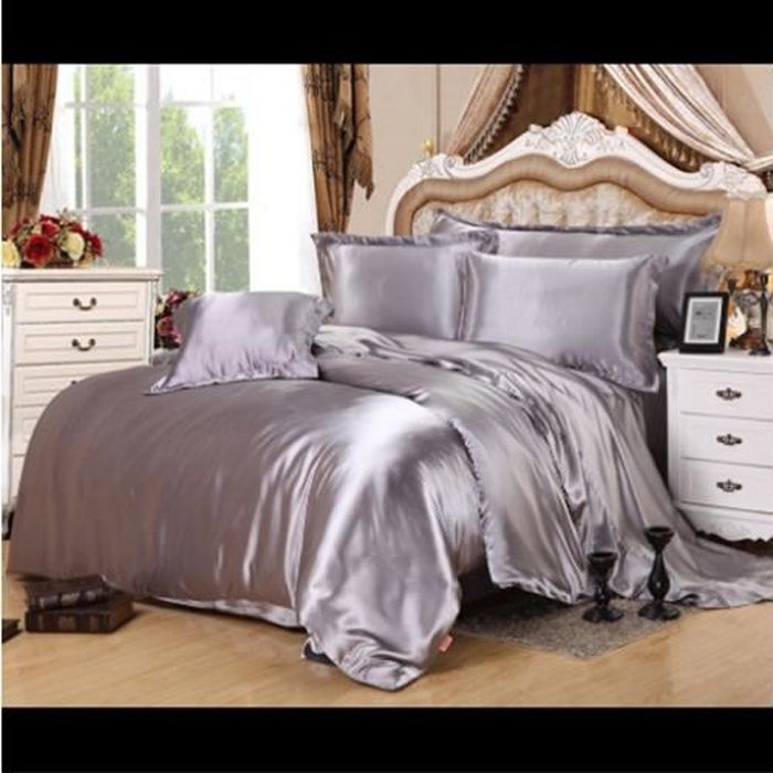 Parure de drap en Soie Satinée - Parure de lit 4 Pcs avec 2 Taies doreiller 1 Drap 1 Housse de Couette -Gris argent - 220x240cm