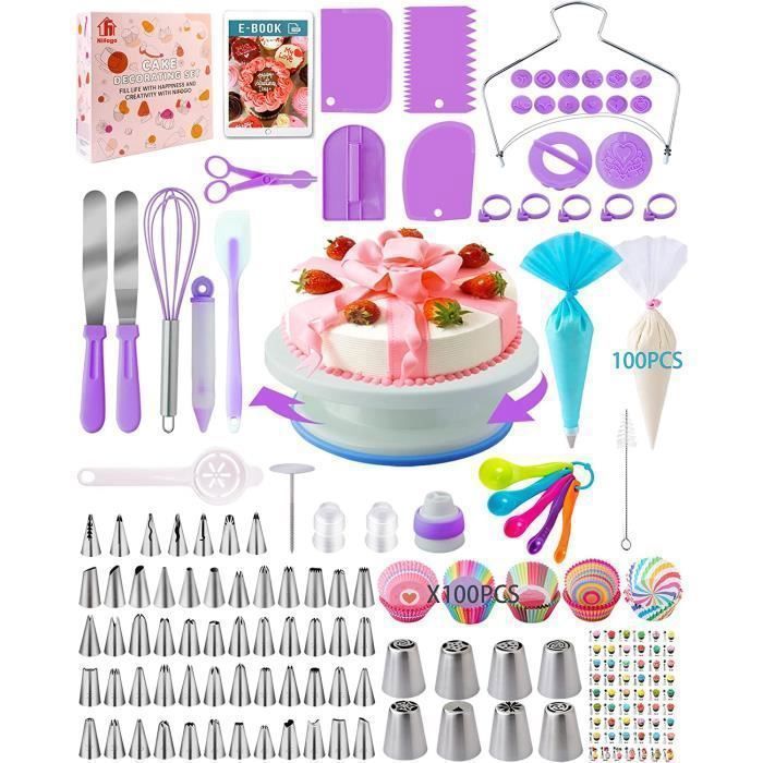 Kit Patisserie Douille Patisserie 305pcs, Accessoire Patisserie, Ustensiles à Pâtisserie Inclure Plateau Tournant Gateau-Violet