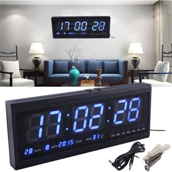 LED Horloge Murale Montre Quartz Date Température 1224 H Numérique