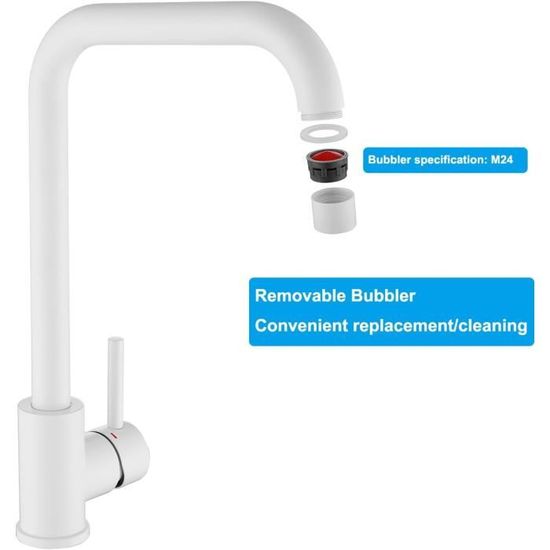 Robinet De Cuisine 3 Voies - Blanc - Rotatif 360° - Mitigeur Eau Froide/chaude - Laiton Et Inox - Pour évier Simple Ou Double