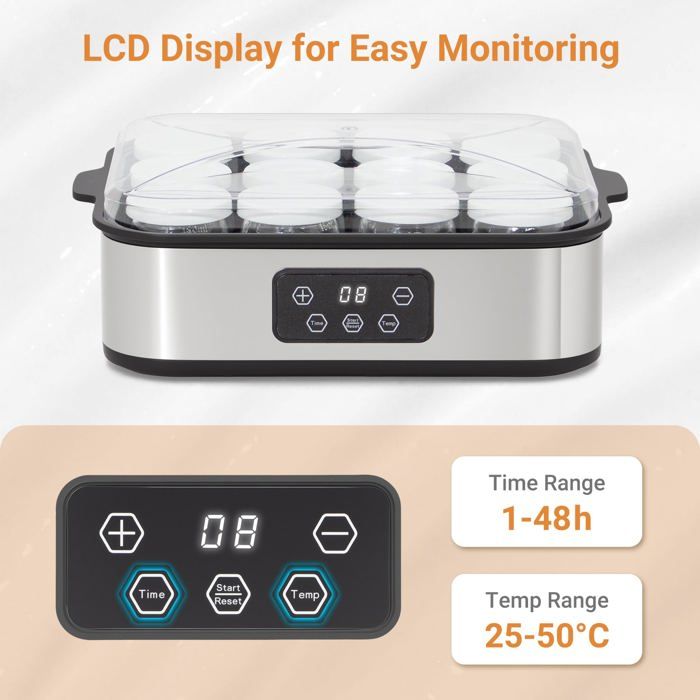 Yaourtière électrique GLFLOW - Contrôle Température 32-45°C, Minuterie - 5 Pots En Verre Inclus - Pour Yaourt, Vin De Riz, Natto - 10