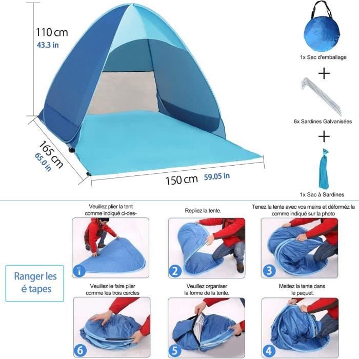 Tente De Plage Pop-Up Automatique Bleu - Abri Soleil Portable Avec Piquets Et Sac Transport