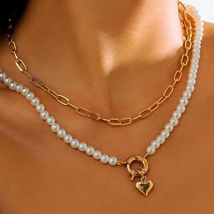 Bijoux Femme Pendentif Couleur Or Multicouche Colliers perles Ras du Cou  Chaîne