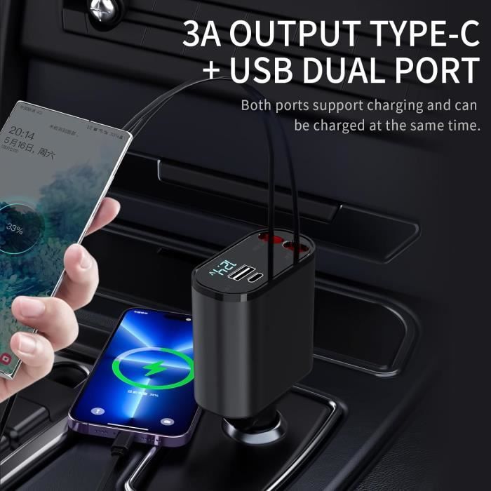 Chargeur secteur 80 W à charge rapide avec câble USB-C rétractable de 80 cm