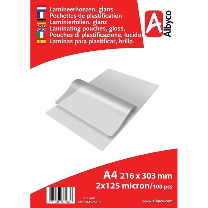 Albyco Pochette Plastifieuse A4 - Feuille Plastique - Feuille Plastifieuse  A4 - Brillant - Par Paquet de 100 Pièces - Épaisseur 22