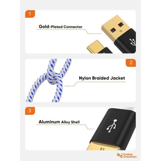CableCreation 25cm Câble Court USB Type C, USB C Mâle vers USB A Mâle  Tressé, Charge Rapide(QC) pour Huawei Mate 20/P20, Galaxy S9/Book, OnePlus  6/6T