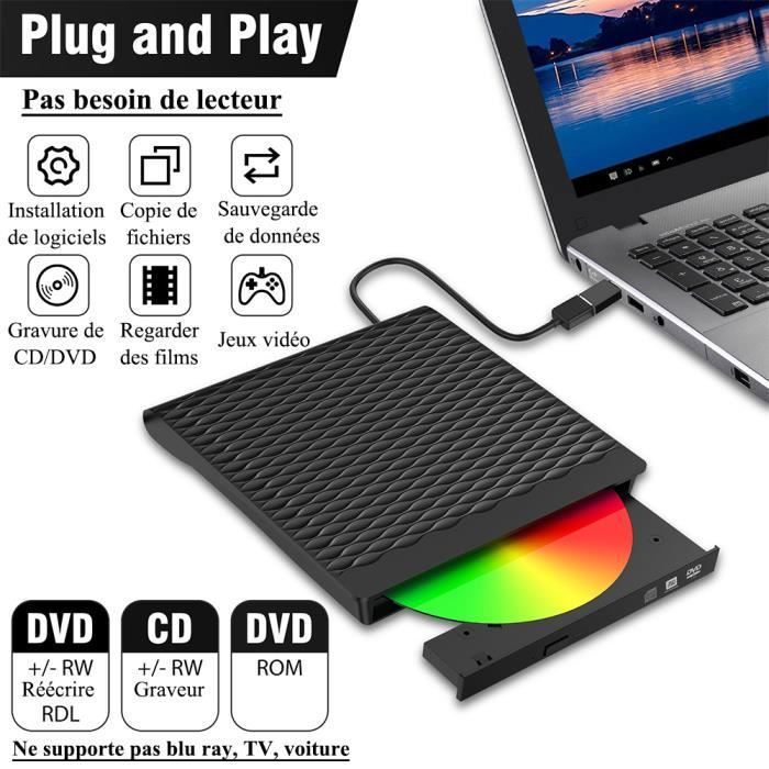 Graveur Lecteur CD/DVD Externe USB 3.0 Graveur DVD Externe CD Enregistreur  RW/ROM Mince ROM Transmission Rapide Câble USB Intégrée - Cdiscount  Informatique