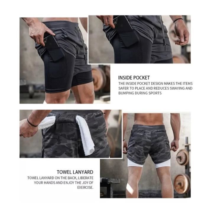 Shorts de Running Camouflage Noir pour Hommes Double couche Sechage Rapide Sport Fitness Cdiscount Sport