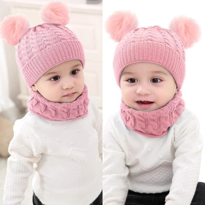 Écharpe de Bonnet Hiver Bonnet Bébé Fille Hiver Pompom 0-24 Mois