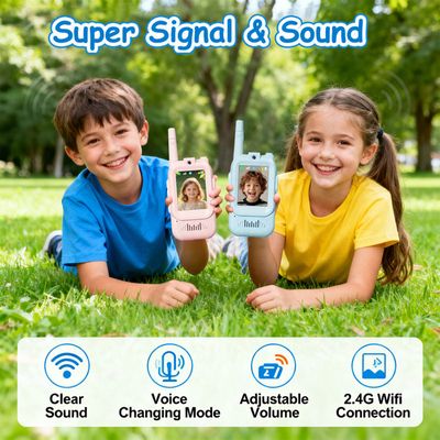 Lot de 2 talkie-walkies vidéo pour enfants, avec écran d'affichage, radios jouets rechargeables pour enfants de 3 à 12 ans, changeur de voix et chat vidéo en temps réel, cadeaux longue portée