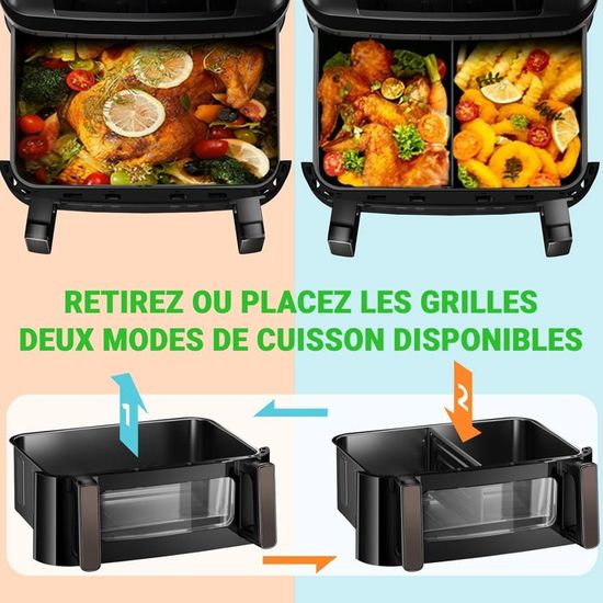 Friteuse Air Chaud Double Panier 12L - 2400W, 2x6L, Minuterie 60 Min, Pour 6-8 Personnes