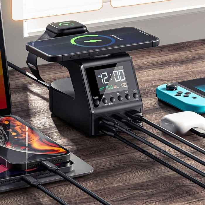 Réveil Chargeur Sans Fil 15W Avec Affichage Température - Horloge Numérique Multifonction Pour Téléphone, Idéal Pour Famille Et Cadeau