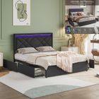 DANS LES NUAGES Lit 160x200 cm avec LED et charge USB Type C, lit Queen 160x200 cm avec 4 tiroirs et sommier à lattes, tissu en lin, gris foncé