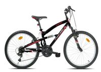 Vélo VTT 24'' Tout Suspendu équipé de 18 vitesses via un dérailleur Shimano, de Freins V-Brake et de Jantes en Aluminium,