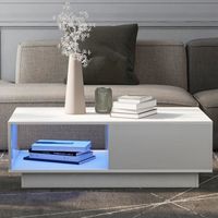 Table basse blanche avec éclairage LED - 99x55x32cm - Table à café - Avec niche de rangement et tiroir - Finition laqué blanc
