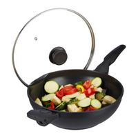 Relaxdays Poêle wok 30 cm avec couvercle gaz plaque électrique antiadhésif 4 litres poignée, noir