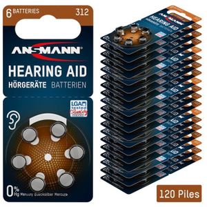 PILES ANSMANN piles auditives taille 312 / PR41 - 120 piles zinc-air pour aides auditives - marron